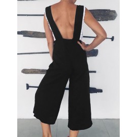 Wide Leg Women Cotton Deep V-Neck Sleeveless Lace Patchwork Jumpsuit