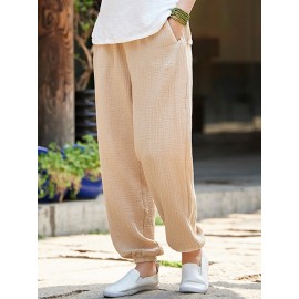 Casual Women Elastic Waist Linen Cotton Solid Pants